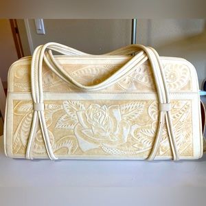 1950s vintage leather Mexican purse with roses, and Maya,Aztec motifs 8x15x5.